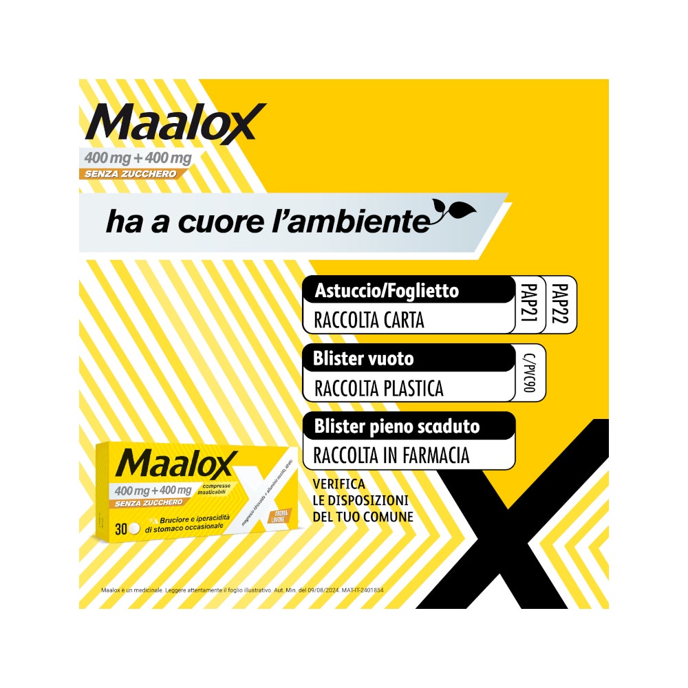 Maalox 400+400 Mg Contro Acidità di Stomaco Occasionale Senza Zucchero 30 cpr-22