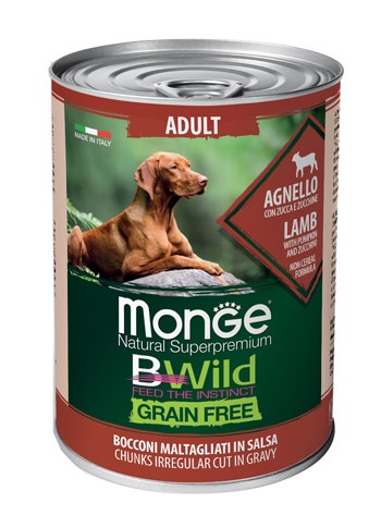 Monge Natural Super Premium Bwild Grain Free Formula All Breeds Gusto Agnello Zucca Zucchine Cibo Umido Cani Adulti Lattina 400g-1