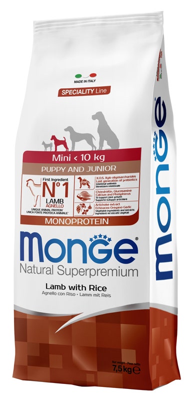 Monge Natural Superpremium Mini Monoprotein Agnello Con Riso Secco Cani Cuccioli Taglia Mini Sacco 7,5kg-1