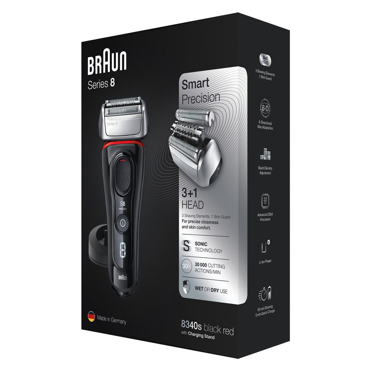 Braun Rasoio Series 8 Wet&Dry 8340s Con Base Di Ricarica E Custodia Da Viaggio Nero/Rosso - 3
