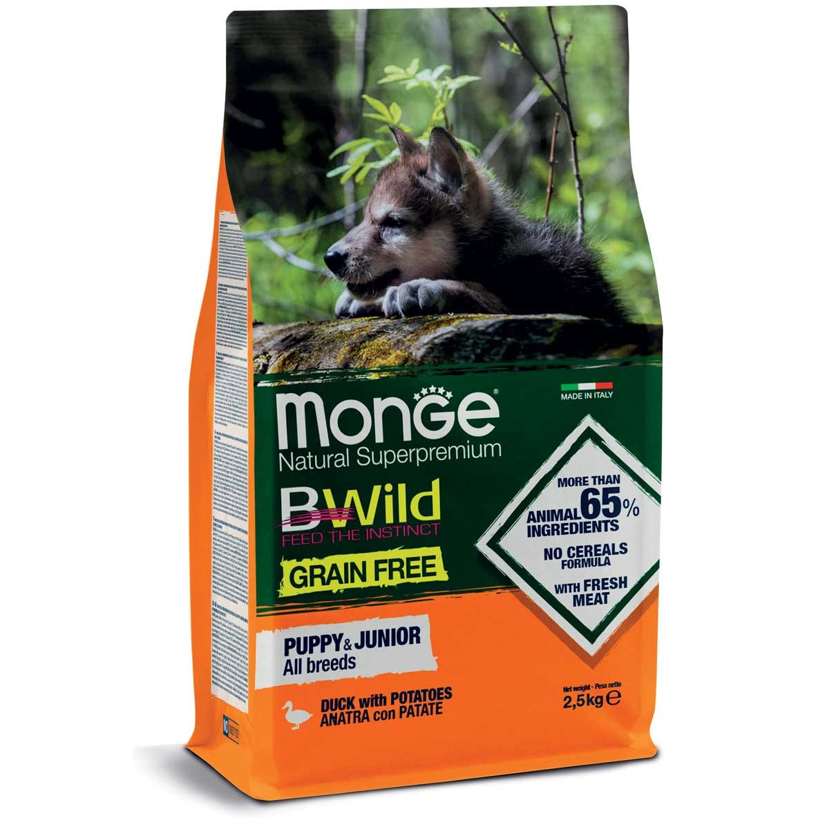 Monge B Wild Grain Free Anatra Con Patate Cibo Secco Per Cani Cuccioli Sacco 2,5 Kg-1