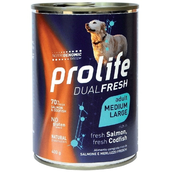 Prolife Dual Fresh Salmone E Merluzzo Freschi Cibo Umido Per Cani Adulti Taglia Media/Grande Lattina 400g-1