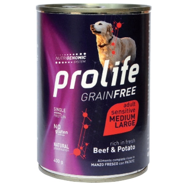 Prolife Grain Free Manzo Fresco Con Patate Cibo Umido Per Cani Adulti Taglia Media/Grande Lattina 800g-1