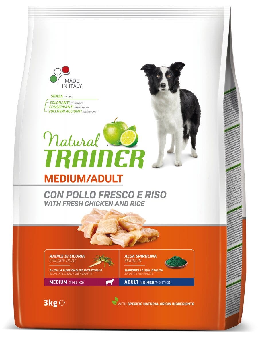 Natural Trainer Crocchette Pollo Fresco/Riso/Alga Spirulina Per Cani Adulti Taglia Media Sacco 3kg-3