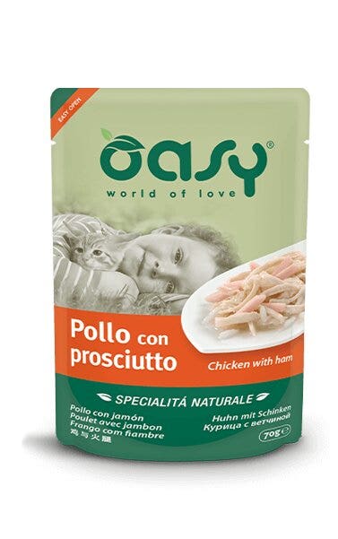 Oasy Wet Cat Pollo Con Prosciutto Cibo Umido Naturale Gatti Adulti Lattina 70g-5