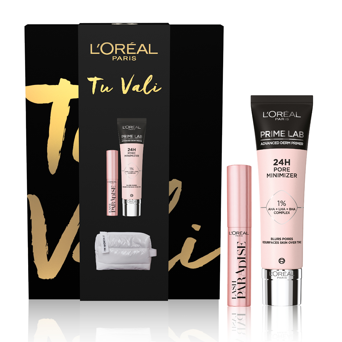 L'Oréal Paris Self Confidence Box Prime Pore minimizer Mascara Lash Paradise + Mini Beauty Bianco-1