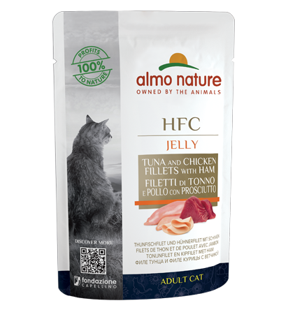 Almo Nature HFC Jelly Cibo Umido Filetto Di Tonno E Pollo Con Prosciutto Gatti Adulti Bustina 55g-1