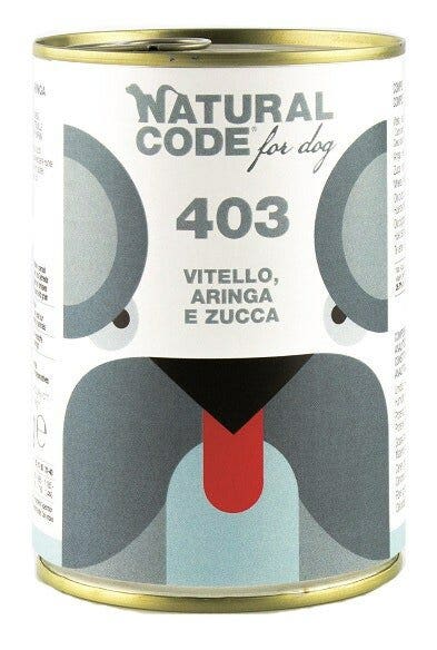 Natural Code 403 Cibo Umido Con Vitello/Aringa/Zucca Per Cani Adulti Barattolo 400g-2