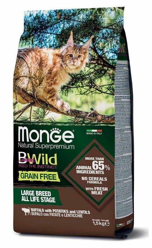 Monge B Wild Grain Free All Life Stage Large Breed Con Bufalo Patate Lenticchie Cibo Secco Gatti Sacco 1,5 Kg-2