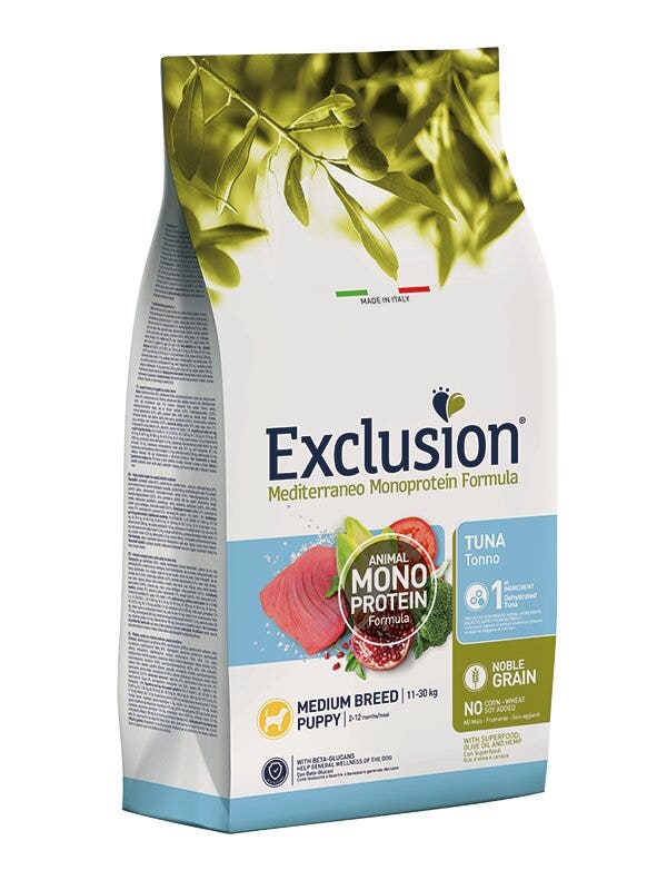 Exclusion Mediterraneo Monoprotein Formula Noble Grain Tuna Crocchette Con Tonno Per Cuccioli Taglia Media Sacco 3kg-2