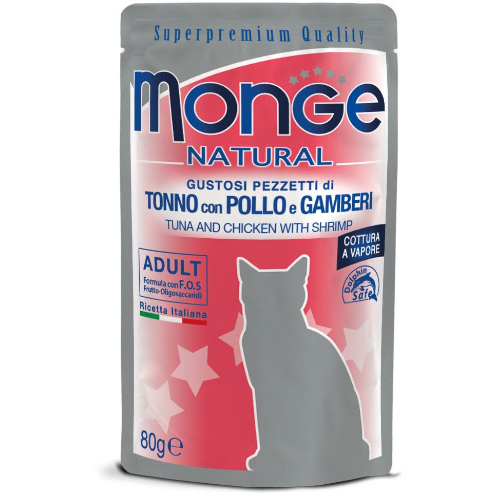 Monge Natural Superpremium Cotti a Vapor Tonno Pollo Gamberetti Cibo Umido Per Gatti Adulti 80g-1