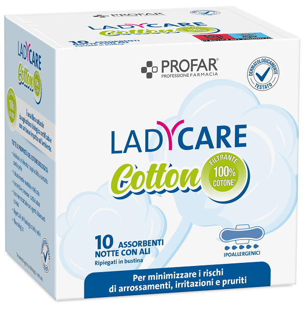 Ladycare Assorbenti Cotton Ipoallergenici Notte con Ali 10 Pezzi Profar-0