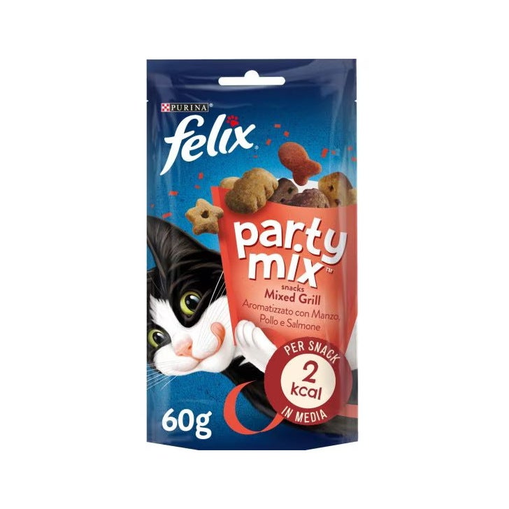 Purina Felix Party Mix Mixed Grill Manzo/Pollo/Salmone Snack Gatti Adulti Busta 60g-1