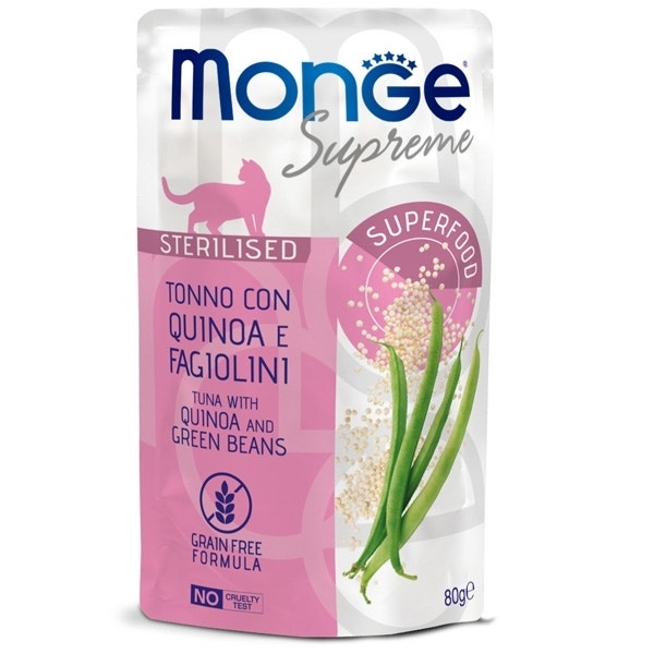Monge Supreme Pezzetti di Tonno con Quinoa Fagiolini Cibo Umido Gatti Adulti Sterilizzati 80g-1