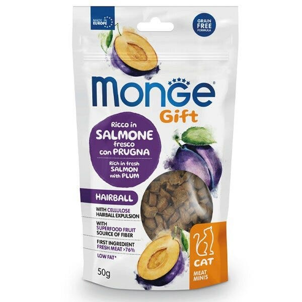 Monge Meat Minis Hairball Snacks Per Gatti Salmone Fresco Con Prugna 50g-1