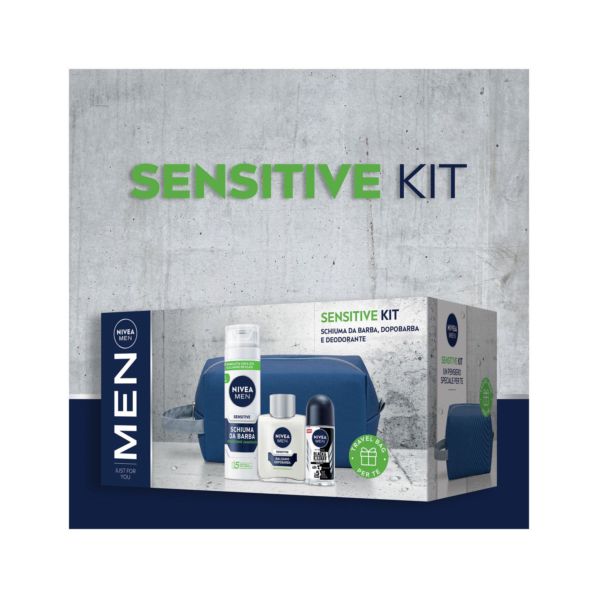 Nivea Men Sensitive Kit Cofanetto Con Schiuma 200ml Dopobarba 100ml Deodorante 50ml E Travel Bag-2