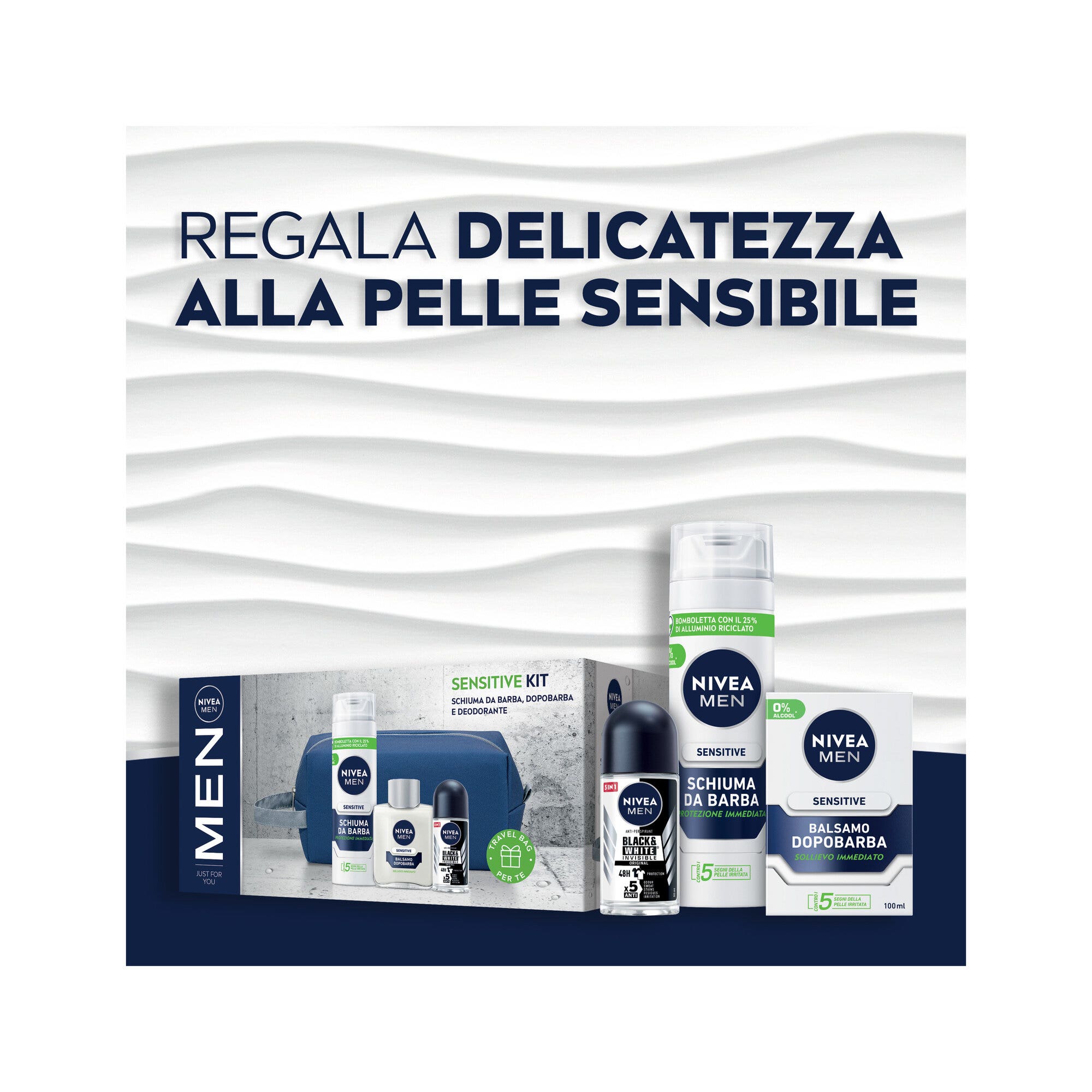 Nivea Men Sensitive Kit Cofanetto Con Schiuma 200ml Dopobarba 100ml Deodorante 50ml E Travel Bag-3