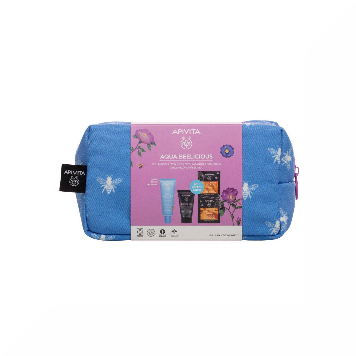 Apivita Aqua Beelicious Crema Idratante Colorata Healthy Glow SPF30+Gel detergente Viso+ Maschera+ Pochette-1