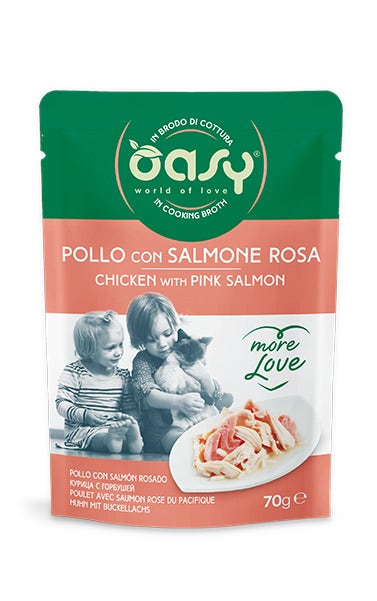 Oasy Wet Cat More Love Pollo Con Salmone Rosa Cibo Umido Per Gatti Adulti 70g-1