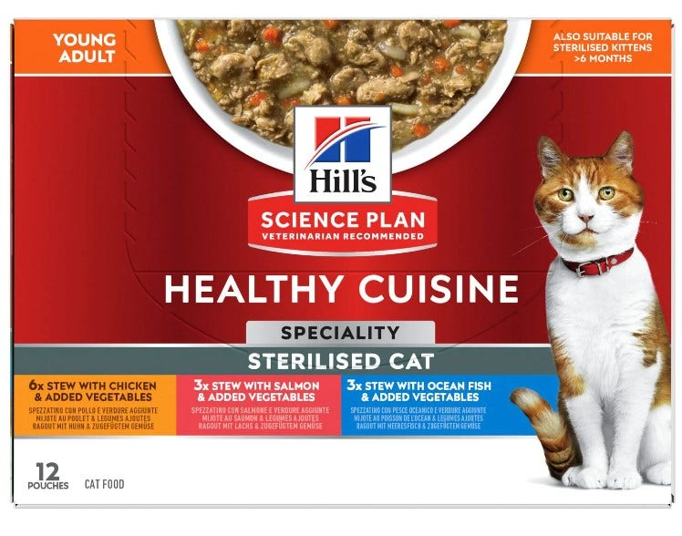 Hill's Science Plan Healthy Cuisine Gatto Sterilizzato Gusti Assortiti Pollo/Salmone/Pesce Oceanico Multipack 12x80gr-1