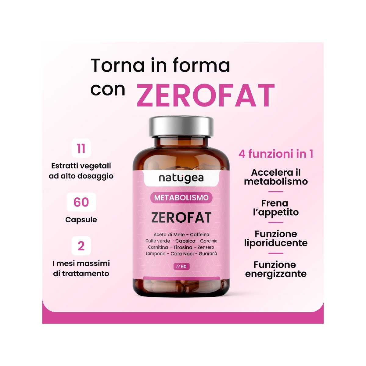Natugea Brucia Grassi ZEROFAT con 11 attivi: Carnitina, Guarana, Garcinia Cambogia, Caffeina 60 Capsule-10