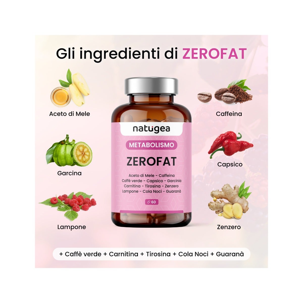 Natugea Brucia Grassi ZEROFAT con 11 attivi: Carnitina, Guarana, Garcinia Cambogia, Caffeina 60 Capsule-11